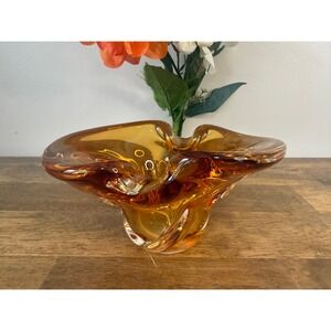 Vintage Amber Art Glass Bowl Murano Style Freeform Hand Blown Glass MCM Decor